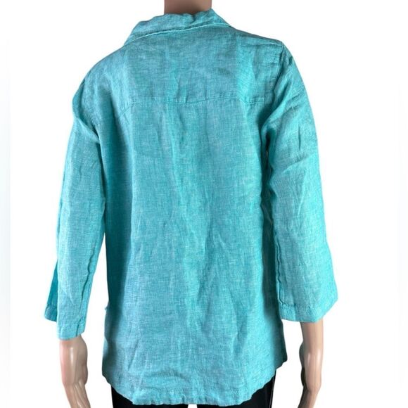 Issac Mizrahi Teal Linen Pop Over Blouse - Picture 2 of 6